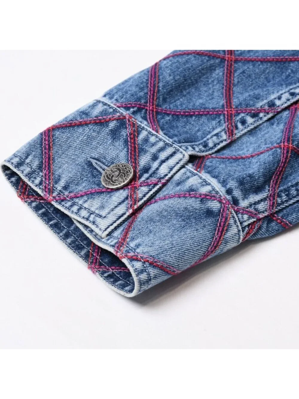 Chanel Collarless Denim Jacket CC Logo Stitch Blue